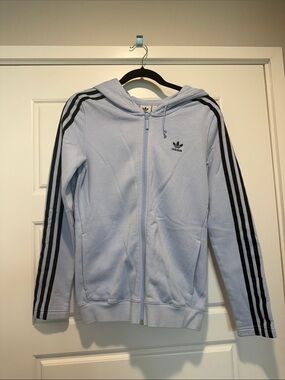 adidas Light Blue Zip-Up Hoodie with Black Three-Stripes